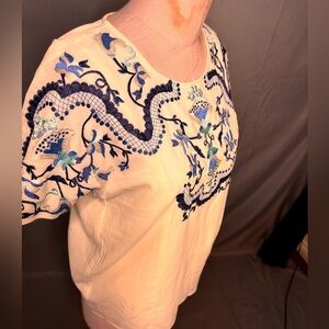 Elegant Cream Blouse with Blue Embroidery